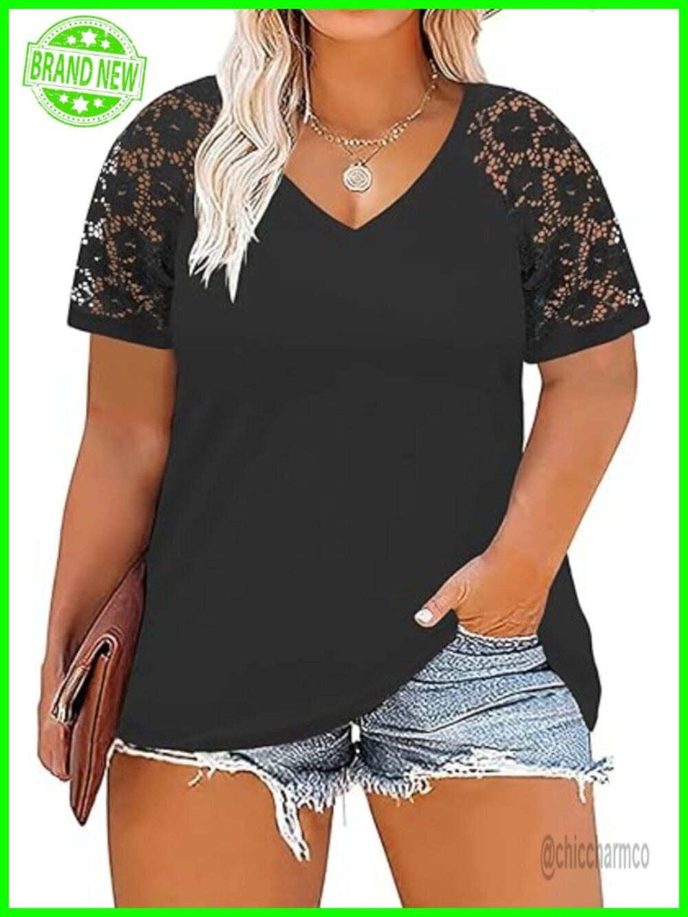 Plus Size Lace V-Neck Short Sleeve T-Shirt